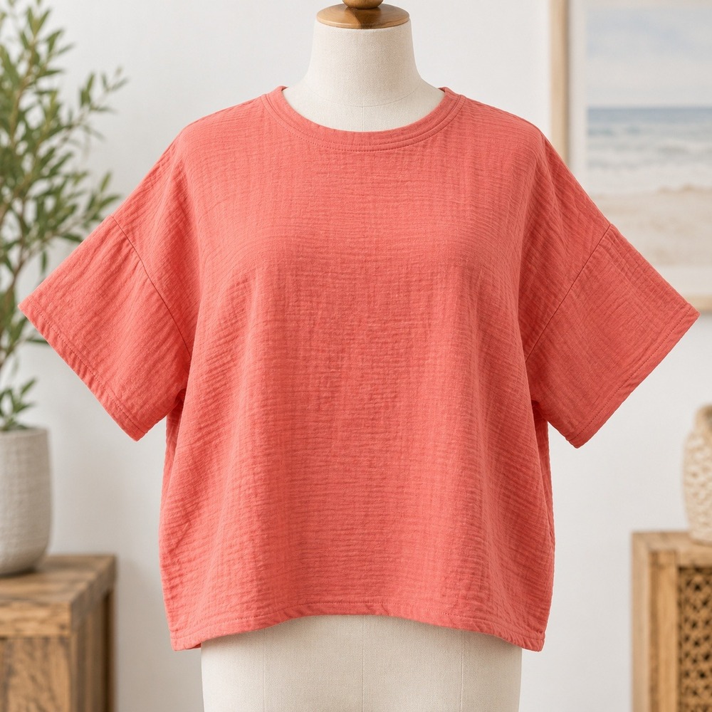 NEW Belle Beach Kim Gravel Gauze Top Womens Medium Coral Pink Boxy Oversized Top